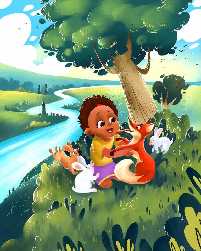 girl near river children's book illustration