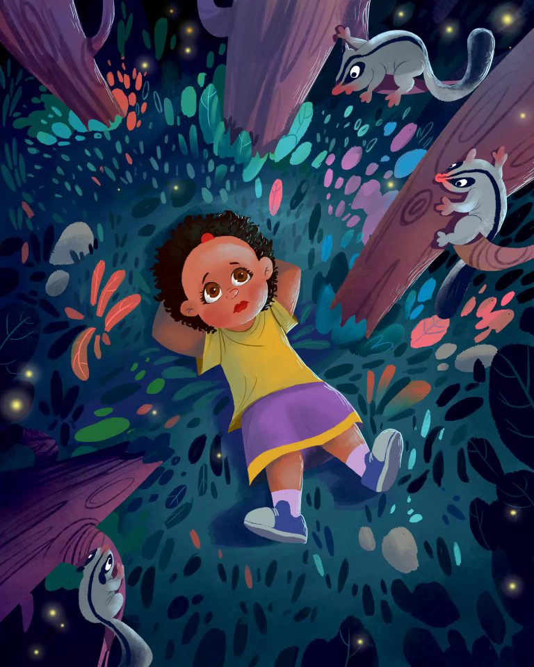 resting girl in forest children's book illustration